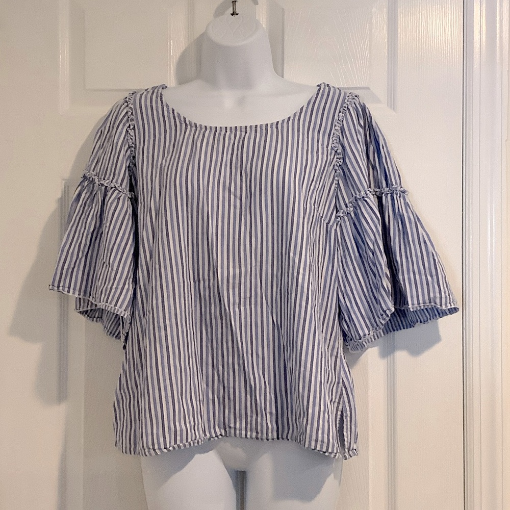 SEVEN7 Womens 100% Cotton Blue/White Stripe Nautical Beach Coastal Grandma Top M